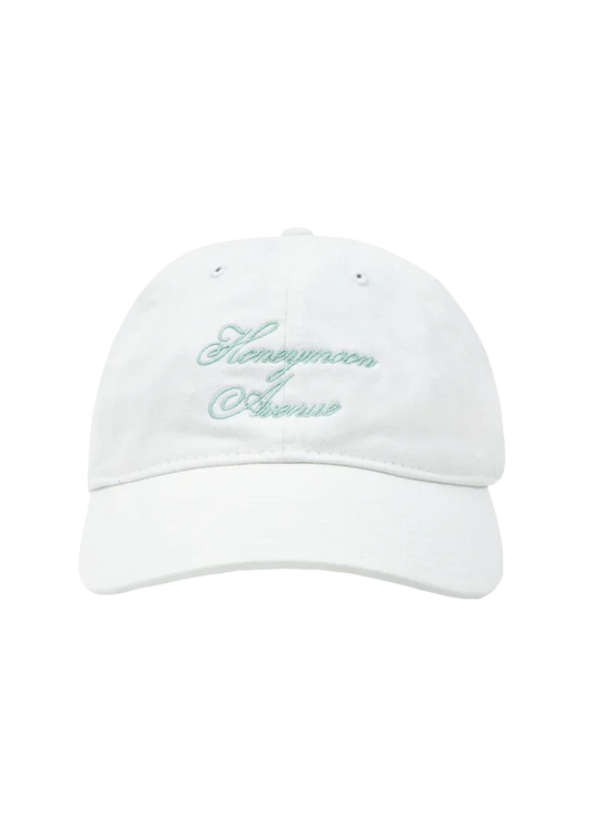 White Ariana Grande Yours Truly Honeymoon Avenue dad hat with pastel blue embroidered script logo front view