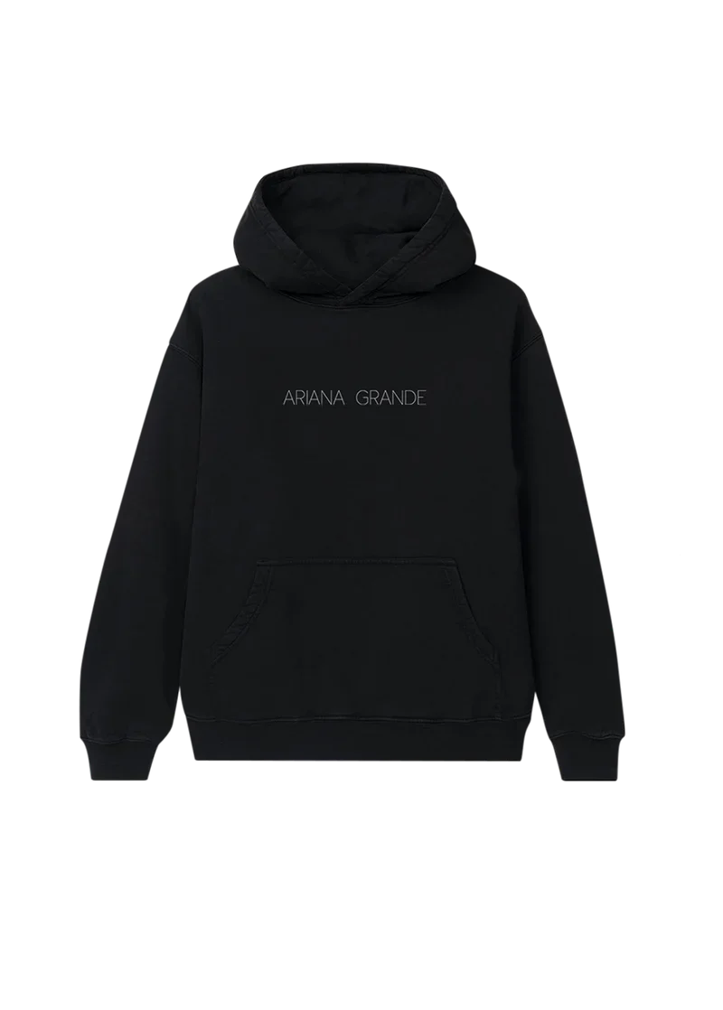 Black Ariana Grande Yours Truly hoodie front view with minimalist logo embroidery and oversized fit