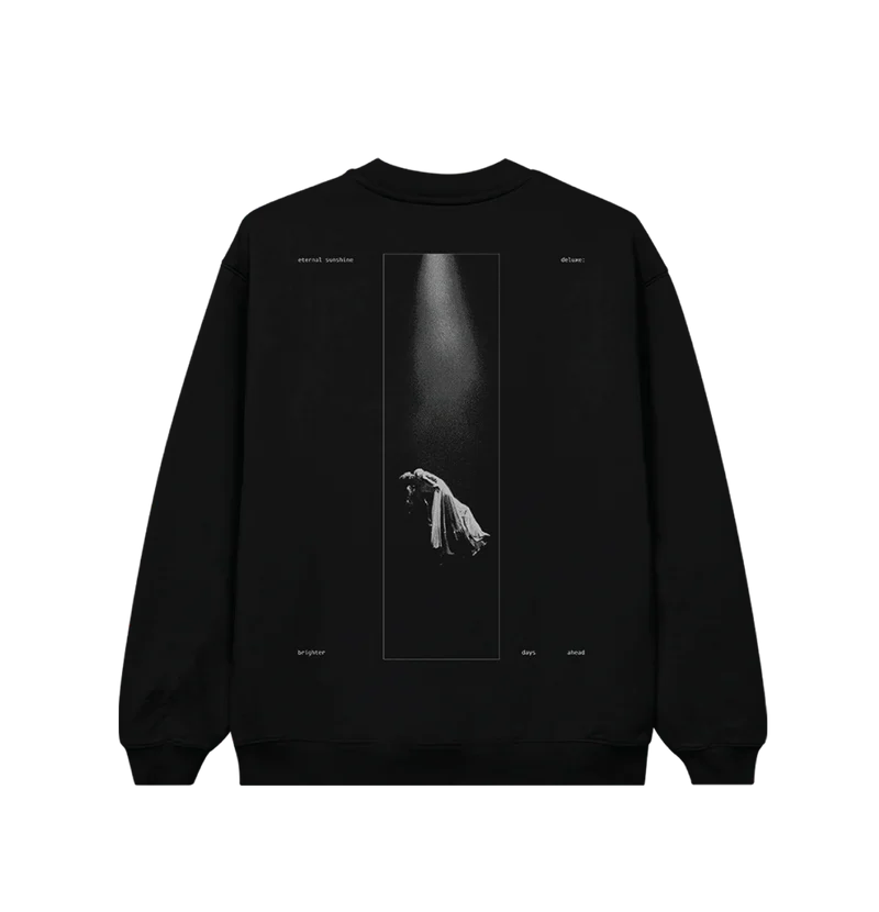 Black Ariana Grande Brighter Days Ascend crewneck featuring spotlight-inspired back graphic from eternal sunshine deluxe era