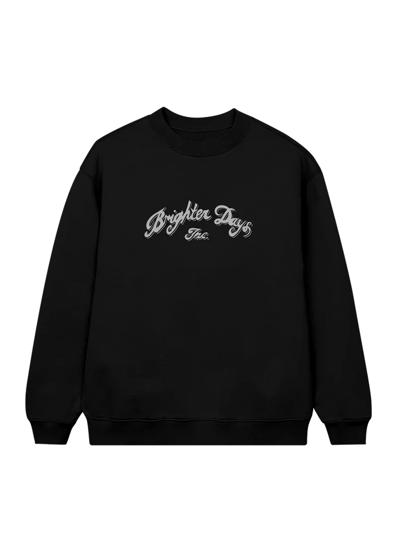 Black Ariana Grande Brighter Days Storefront crewneck with white script logo graphic front view