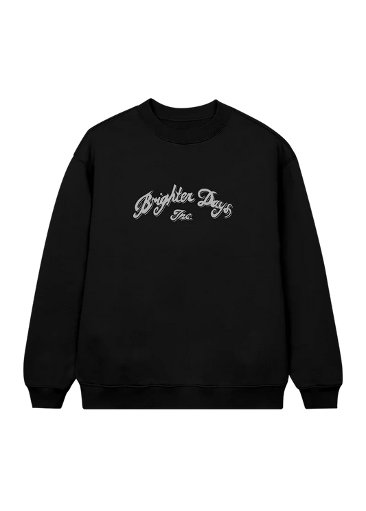 Black Ariana Grande Brighter Days Storefront crewneck with white script logo graphic front view