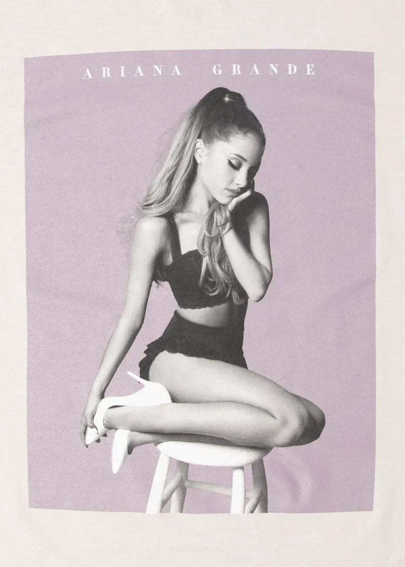 Close-up lilac Ariana Grande My Everything poster graphic on off-white merch t-shirt