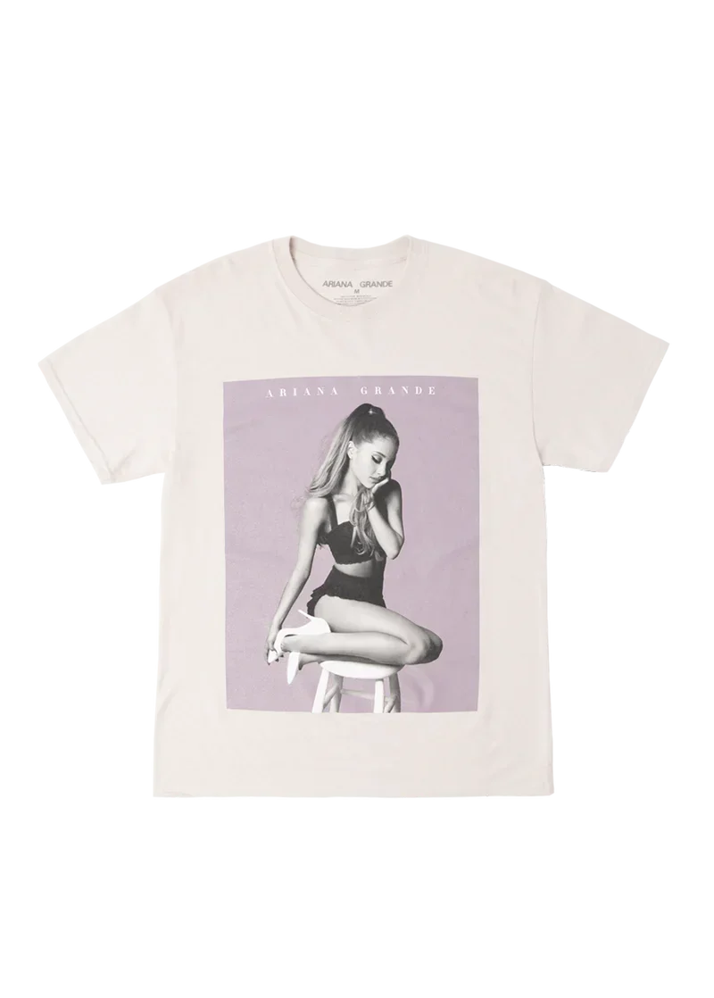 Off-white Ariana Grande My Everything t-shirt with lilac poster portrait graphic front view