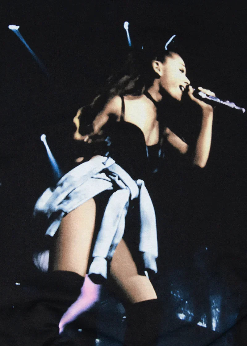 Close-up of Ariana Grande live stage performance graphic printed on black My Everything crewneck sweatshirt