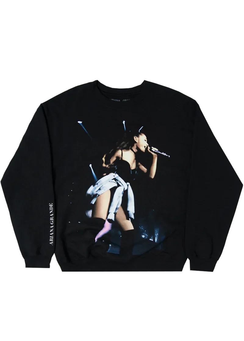 Black Ariana Grande My Everything live photo crewneck featuring energetic concert performance artwork on the front