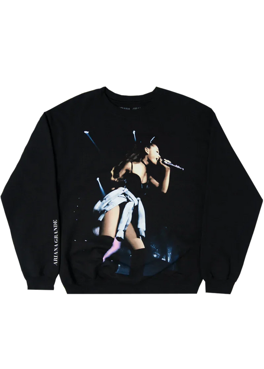 Black Ariana Grande My Everything live photo crewneck featuring energetic concert performance artwork on the front