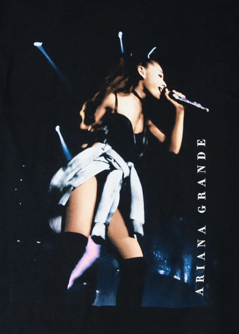 Close-up Ariana Grande live performance graphic on black My Everything merch t-shirt