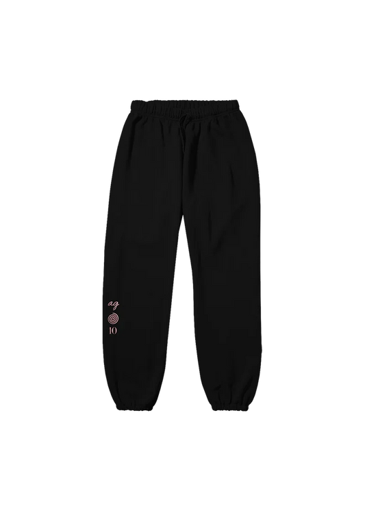 Black Ariana Grande My Everything 10th anniversary puff print sweatpants with pink ag spiral logo graphic on leg