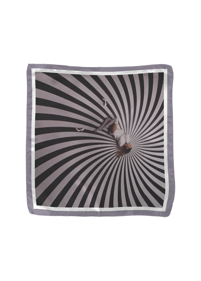 Ariana Grande My Everything 10th anniversary satin scarf with hypnotic black and white spiral artwork design