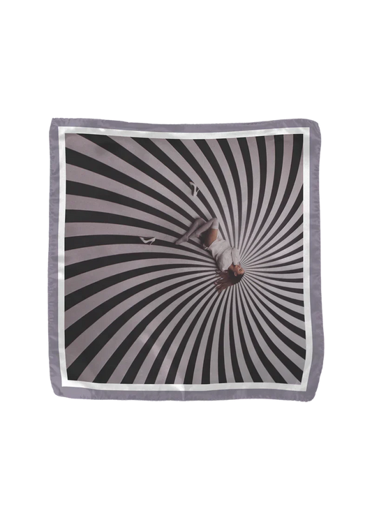 Ariana Grande My Everything 10th anniversary satin scarf with hypnotic black and white spiral artwork design