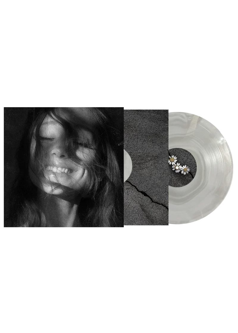 Cloudy gray Ariana Grande Petal vinyl LP with monochrome portrait artwork and translucent record front view