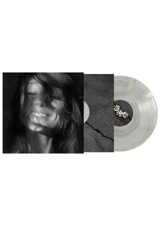 Cloudy gray Ariana Grande Petal vinyl LP with monochrome portrait artwork and translucent record front view