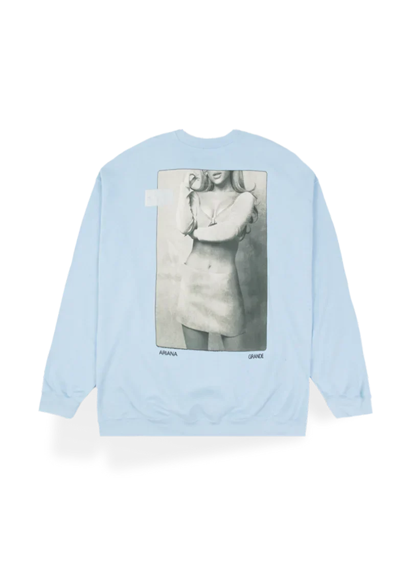 Light blue Positions crewneck with vintage Ariana Grande portrait graphic and oversized fit back view