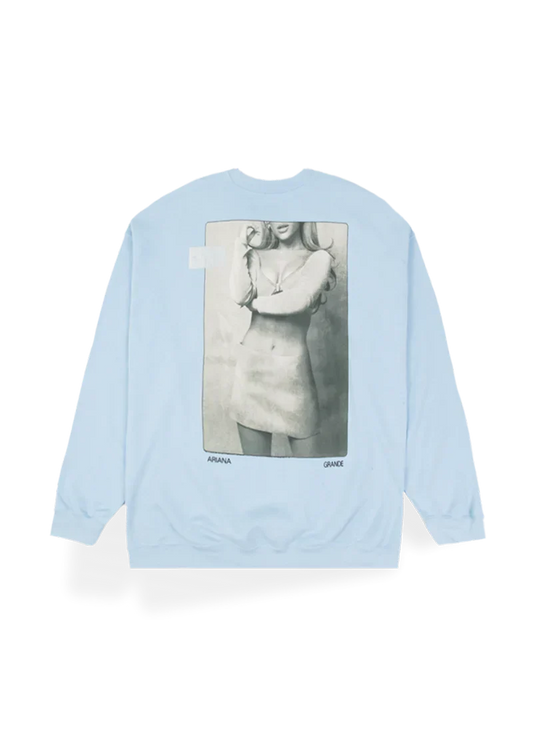 Light blue Positions crewneck with vintage Ariana Grande portrait graphic and oversized fit back view