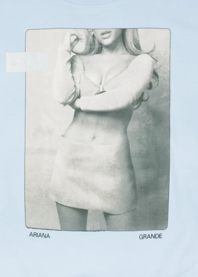 Light blue Positions crewneck with monochrome Ariana Grande portrait print and retro photo artwork detail