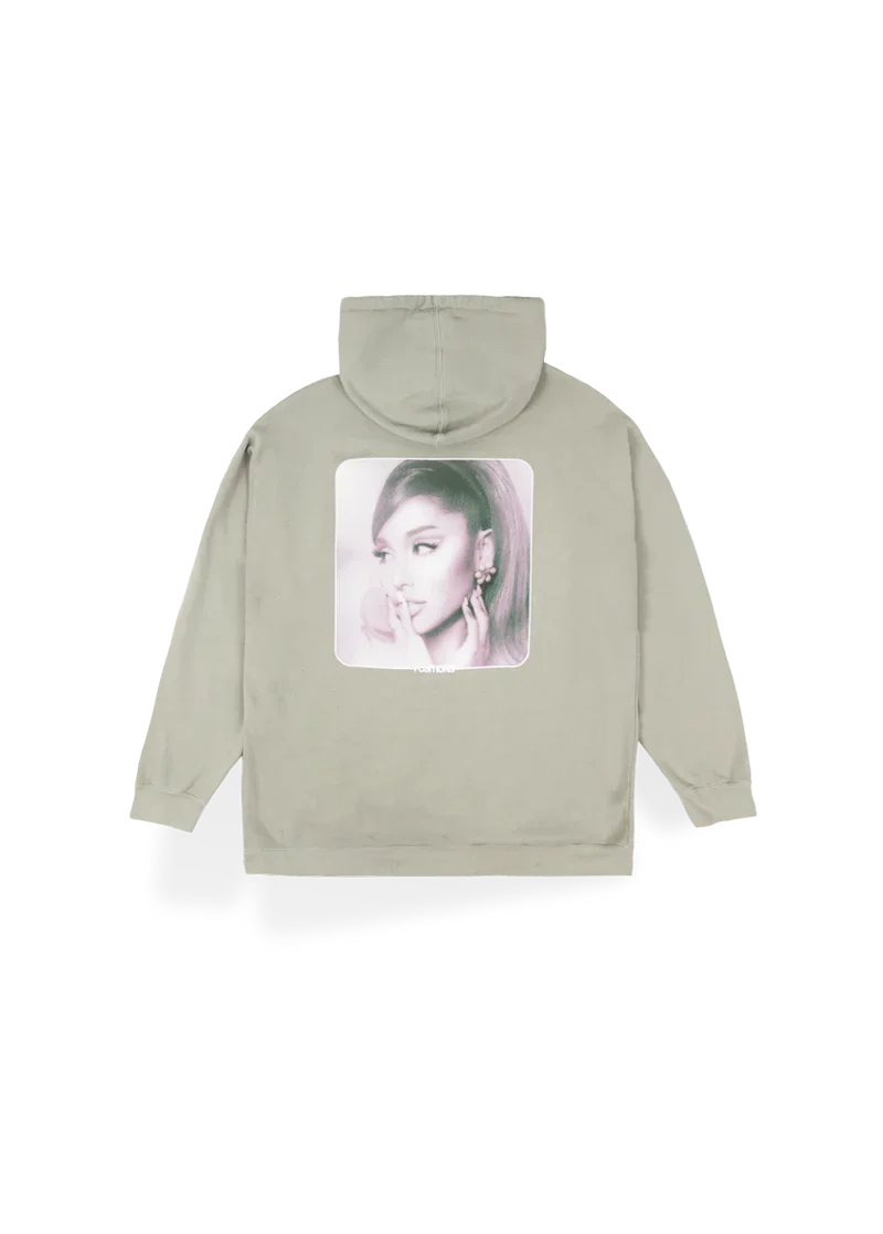 Beige Positions hoodie with inverted Ariana Grande portrait graphic and oversized fit back view