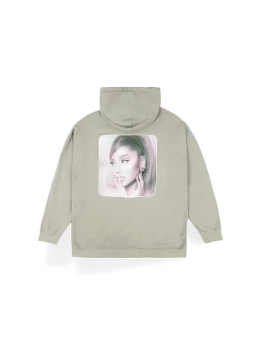 Beige Positions hoodie with inverted Ariana Grande portrait graphic and oversized fit back view