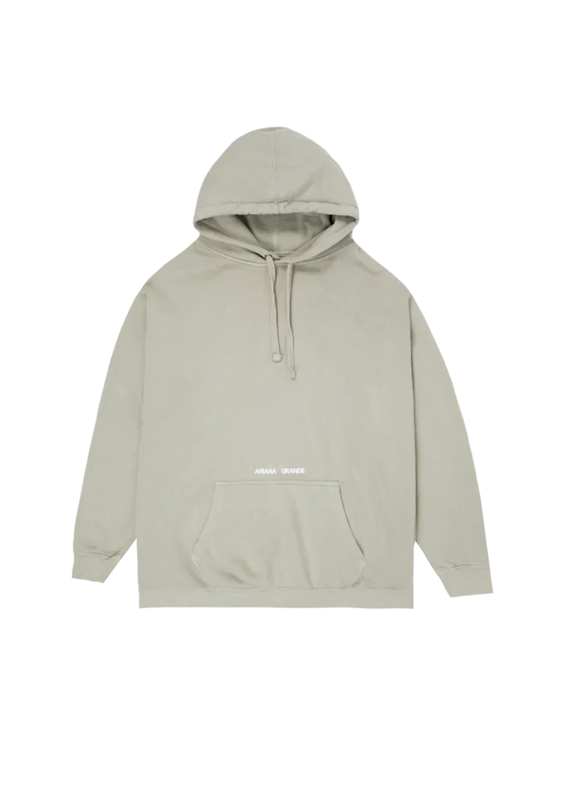 Beige Positions hoodie with minimalist Ariana Grande logo print and kangaroo pocket front view