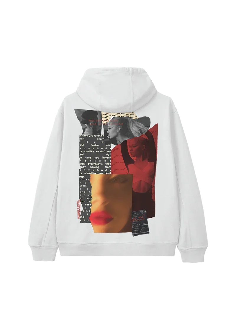 White yes and Ariana Grande hoodie with layered collage artwork and red-black editorial graphic back view