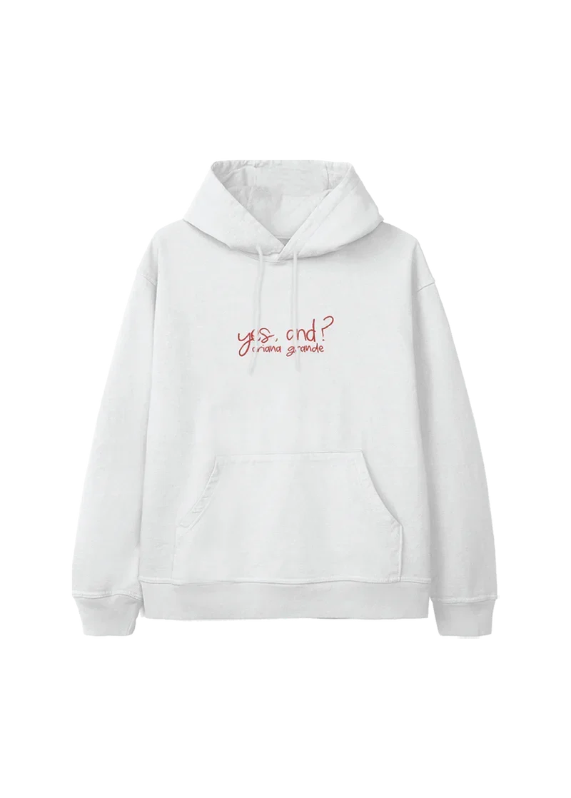 White yes and Ariana Grande hoodie with red handwritten logo print and kangaroo pocket front view