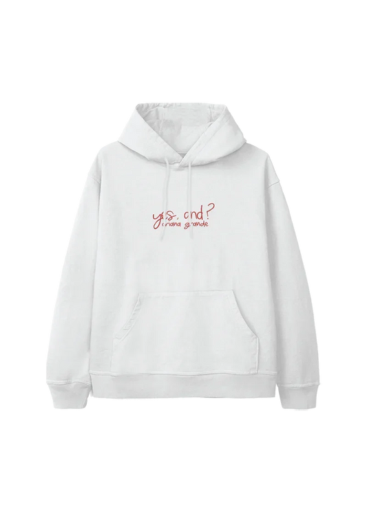 White yes and Ariana Grande hoodie with red handwritten logo print and kangaroo pocket front view