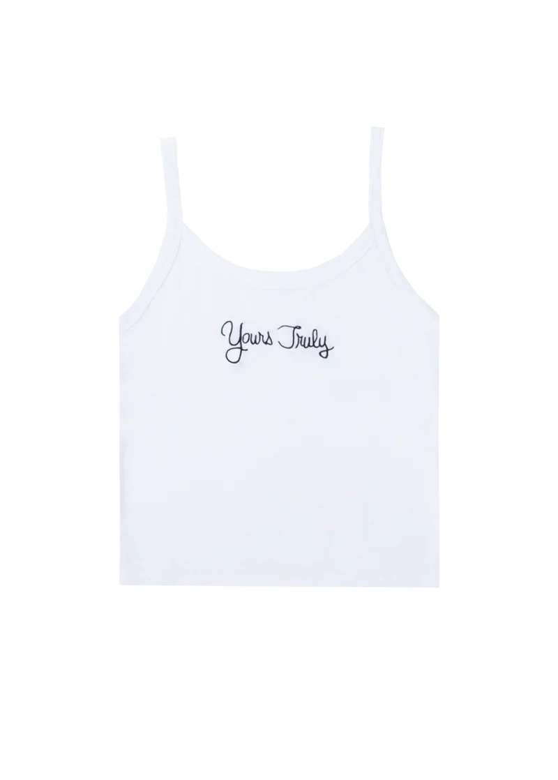 White Ariana Grande Yours Truly 10th anniversary cropped tank top with minimalist Yours Truly script logo on front chest