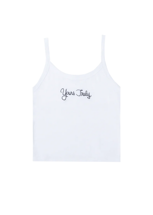 White Ariana Grande Yours Truly 10th anniversary cropped tank top with minimalist Yours Truly script logo on front chest