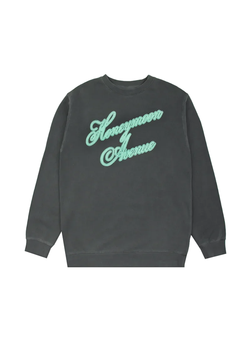 Dark charcoal Ariana Grande crewneck with mint Honeymoon Avenue script graphic front view