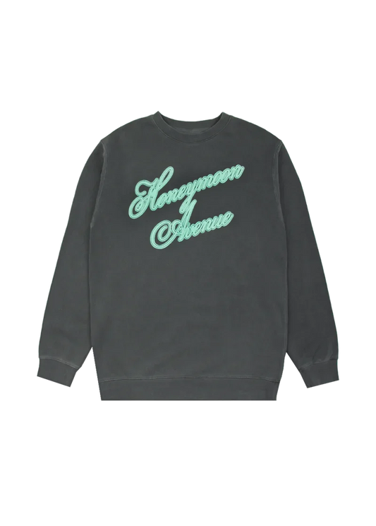 Dark charcoal Ariana Grande crewneck with mint Honeymoon Avenue script graphic front view