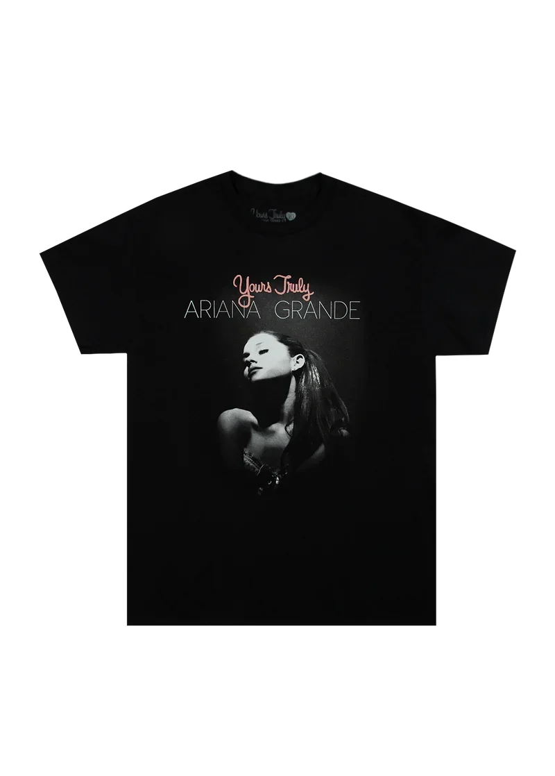 Black Ariana Grande Yours Truly 10th anniversary puff print t-shirt front view