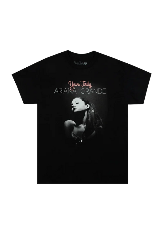 Black Ariana Grande Yours Truly 10th anniversary puff print t-shirt front view