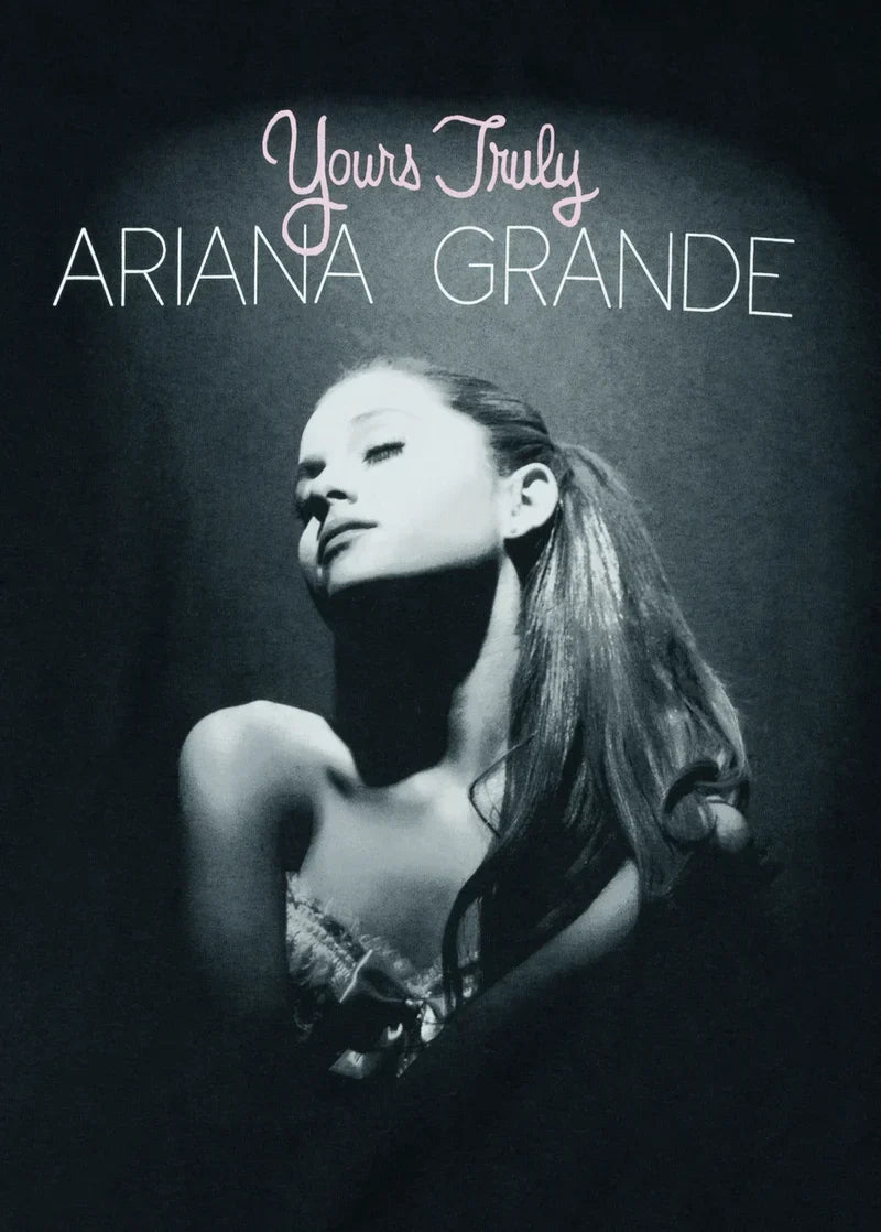 Close-up Ariana Grande Yours Truly album cover graphic on black merch t-shirt