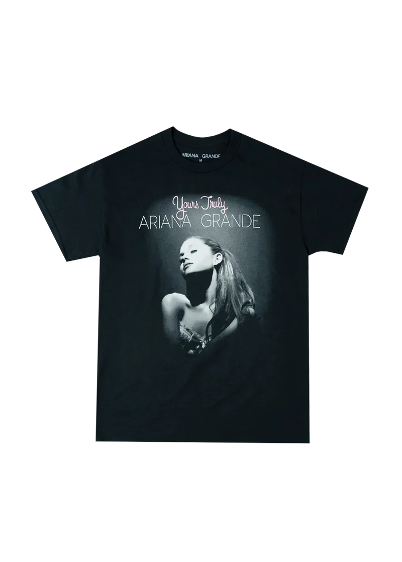 Black Ariana Grande Yours Truly cover t-shirt with monochrome album portrait graphic front view