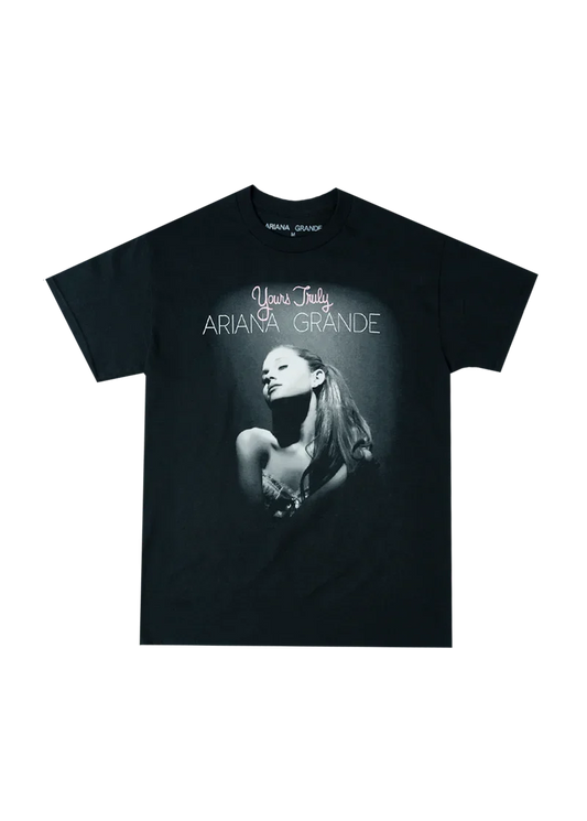 Black Ariana Grande Yours Truly cover t-shirt with monochrome album portrait graphic front view