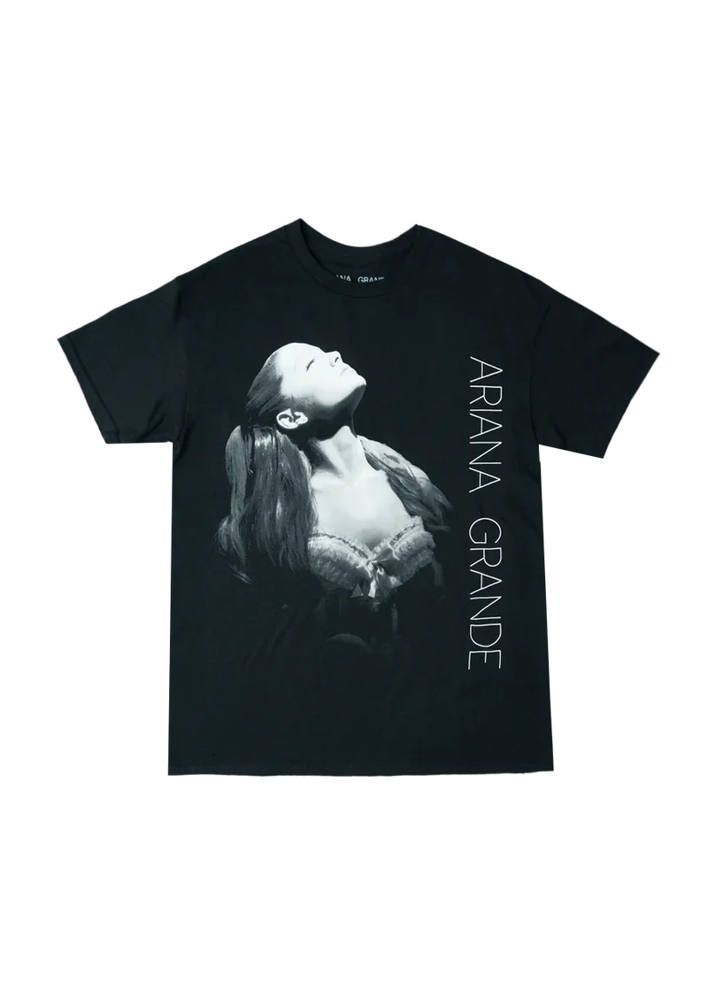 Black Ariana Grande Yours Truly photo t-shirt with monochrome portrait graphic front view