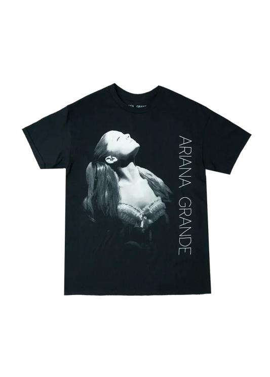 Black Ariana Grande Yours Truly photo t-shirt with monochrome portrait graphic front view